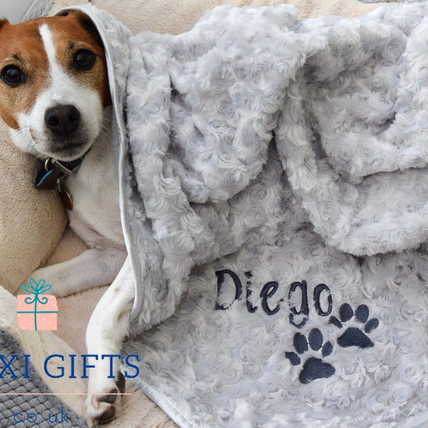 Personalised Dog Blanket Personalized Cat Pet Embroidered Rosebud Blanket Puppy Paw print Comfort Blanket Toy Blankie Kitten Keepsake