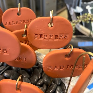 May include: Terracotta plant markers with the words "Jalapeno", "Peppers", "Radishes", and "Carrots" written on them. The markers are on a bed of black pebbles.