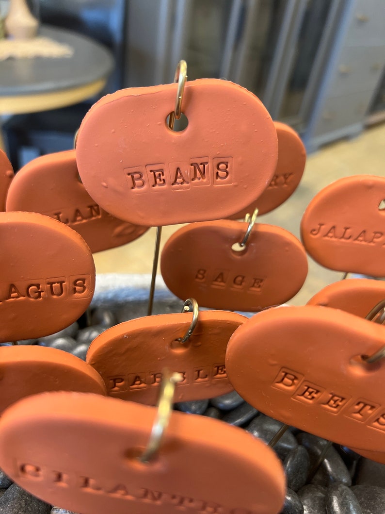 May include: A set of terracotta plant markers with metal rings and wire stems. The markers are oval shaped and have the words "BEANS", "SAGE", "PARSLEY", "BEETS", "JALAPENO", "CILANTRO", and "AGUS" written on them.