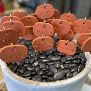 May include: A collection of terracotta plant markers with various herbs and vegetable names, including rosemary, onion, asparagus, cilantro, peppers, beets, carrots, dill, and thyme. The markers are arranged in a pot filled with black pebbles.