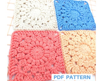 Sunflower Granny Square Crochet Pattern in One Color, with Easy-to-Follow Instructions and Step-by-Step Photos. For Blankets, Bags, Pillows.