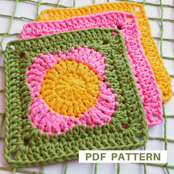 Flower granny square crochet pattern for blankets, beginner to intermediate, step-by-step tutorial with 22 pictures, bag motif, pdf only