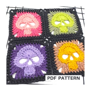 Skull granny square crochet pattern for alternative crafters, skull granny square for Halloween and Gothic enthusiasts, crochet for bags
