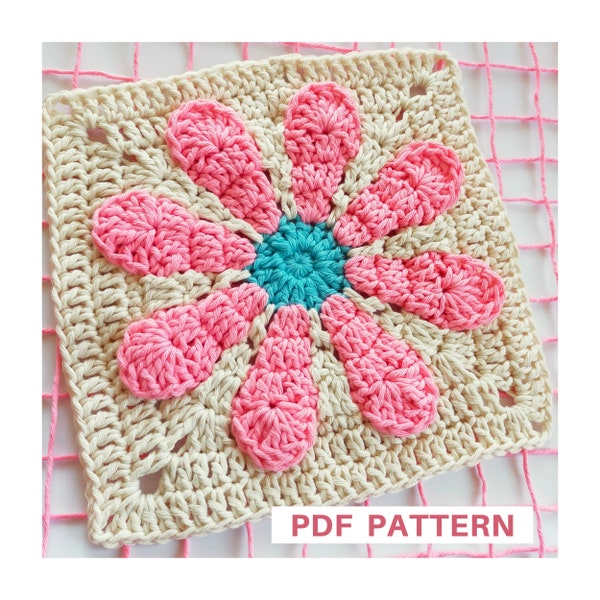 Granny square crochet pattern retro flower 3D, large granny square, big granny square for blanket, crochet pattern for bag, crochet flower
