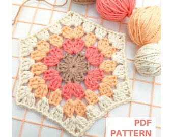 Easy Hexagon Granny Square Crochet Tutorial, Step-by-Step Photos. For Blankets, Pillows, Sweaters, Cardigans. Perfect DIY Gift, in English.