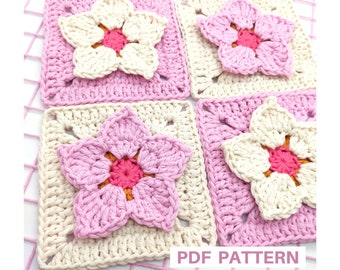 Flower granny square crochet pattern for handbags, blankets, cardigans. Cherry blossom granny square, crochet flower. Crochet gift for mom.