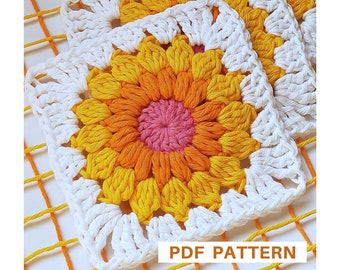 Sunburst granny square crochet pattern, sunflower granny square, photo tutorial and written pattern, blanket motif, bag motif, pdf only