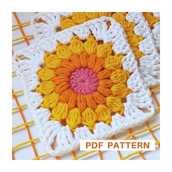 Sunburst granny square crochet pattern, sunflower granny square, photo tutorial and written pattern, blanket motif, bag motif, pdf only