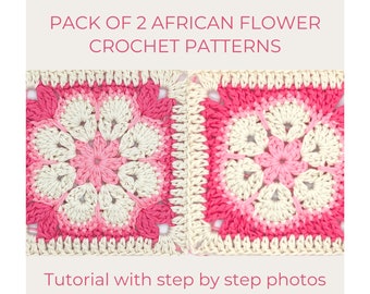 Packung mit 2 quadratischen Häkelmustern für afrikanische Blumen, Oma, 6 und 8 Blütenblätter, für Decken, Strickjacken, Kissen, Taschen, einfaches Häkeln für Anfänger