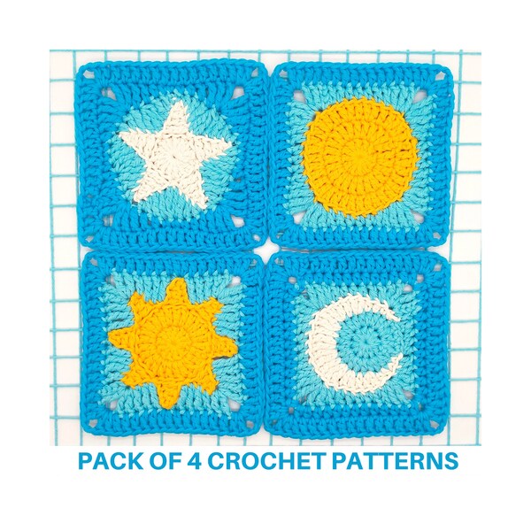 Celestial Crochet Granny Squares Pack: Moon, Sun, Star and Circle, Baby Blanket DIY, with Clear Photos & Detailed Instructions. Gift for mom