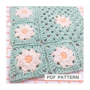 Granny square crochet pattern daisy flower for beginners, photo tutorial and written pattern, blanket granny square, bag motif, tote motif.