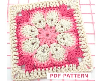 Granny square african flower crochet pattern for beginners, step-by-step tutorial with 26 pictures, motif for blankets, motif for tote bags