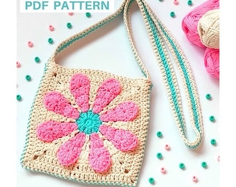 Crochet cross body bag pattern, crochet flower purse pattern, summer cross body bag for girl. Granny square crochet pattern for bag