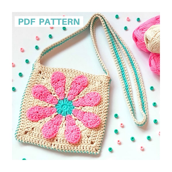 Crochet cross body bag pattern, crochet flower purse pattern, summer cross body bag for girl. Granny square crochet pattern for bag