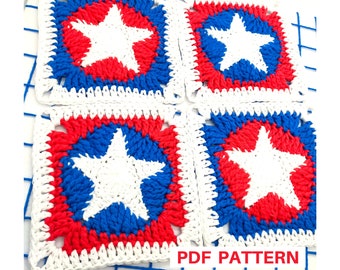 Star Granny Square Crochet Pattern for American Flag Blanket, Crochet Patriotic Pattern for afghans, pillows. Gift for the 4th of July