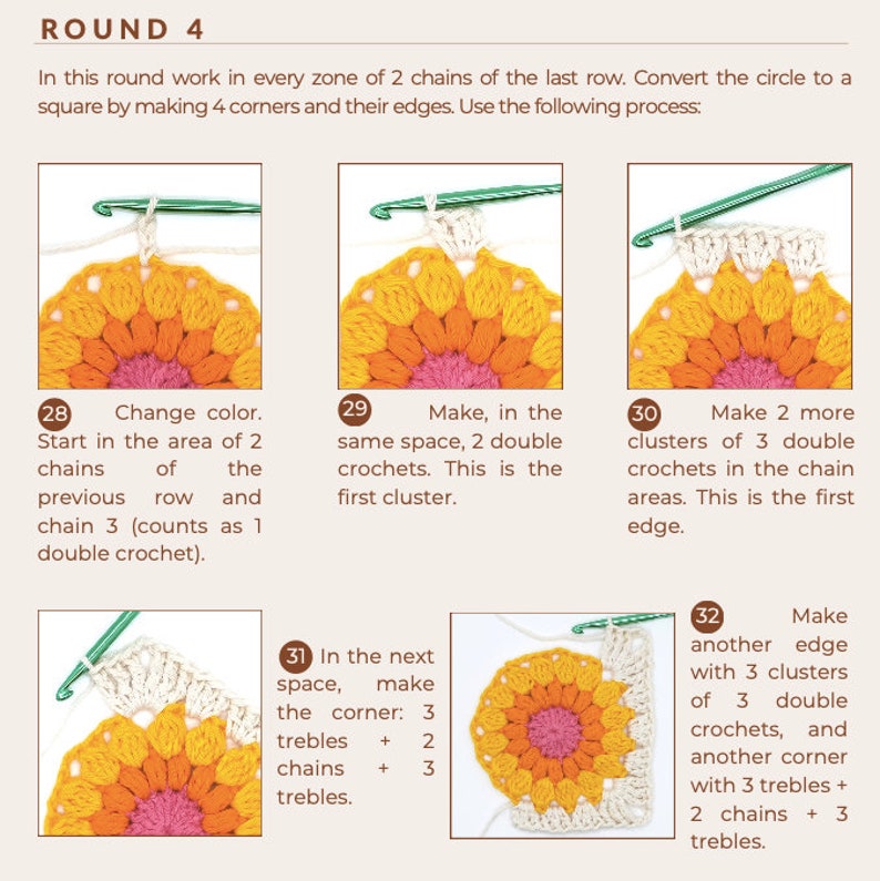 Sunburst granny square crochet pattern, sunflower granny square, photo tutorial and written pattern, blanket motif, bag motif, pdf only image 4