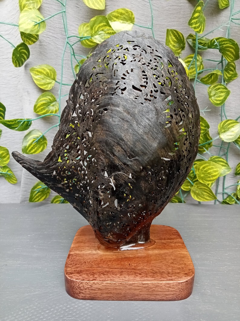This is a real and natural mother of pearl shell polished and hand carved with wooden stand by a very skilled carving artist in his field. It is very detailed with pegasus design and has high artistic value