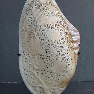 Sea shell decor,carved pearl mussels shell xl size on stand,Hummingbird sculpture,real and natural sea shell