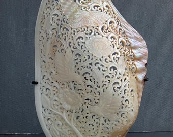 Escultura de concha de colibrí tallada a mano: decoración costera de concha natural.