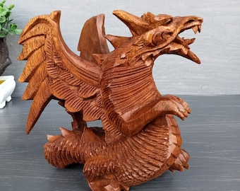 Hand Carved Wooden Dragon Statue - Brown Wood Sculpture