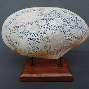 hand carved pearl mussel clam shell XL size on stand,sea animal theme,real and natural sea shell