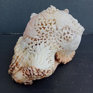 Hand Carved Marlin Fish Conch Shell: Natural Sea Shell Decor