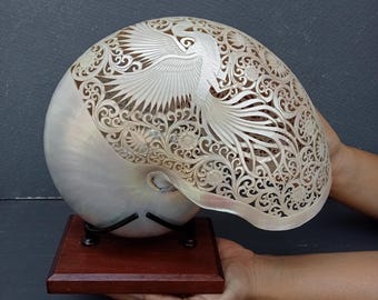 Carved Pearl Nautilus Shell Phoenix Design on Stand: Real and Natural Seashell
