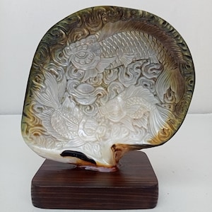 Hand Carved Mother of Pearl Koi Fish Sculpture on Wood Stand Natural Seashell