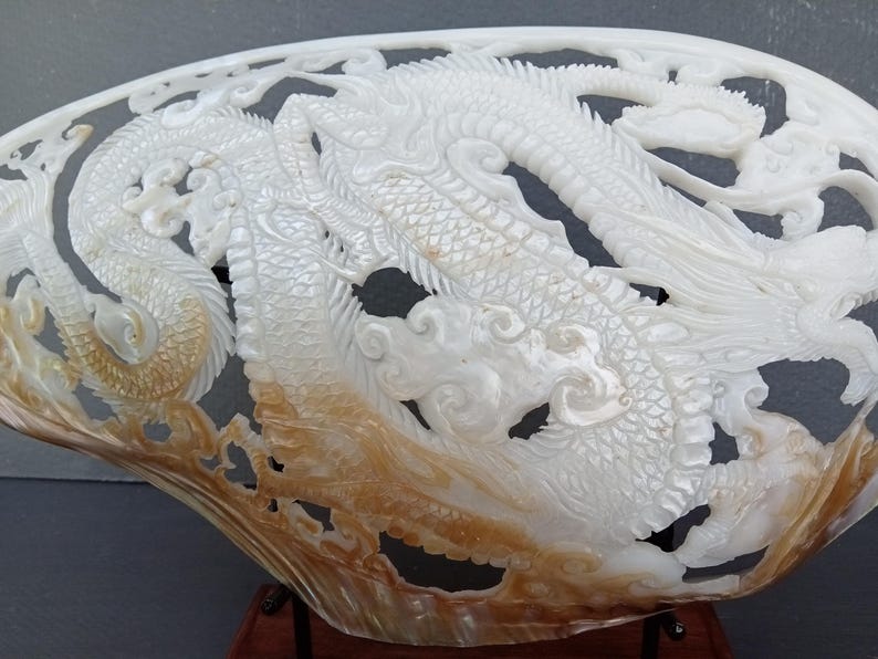 Shell Dragn Hand Carved Dragon Shell Sculpture: XL Pearl Mussel Clam With Stand ...