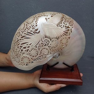 Carved Pearl Nautilus Shell Phoenix Design on Stand: Real and Natural Seashell