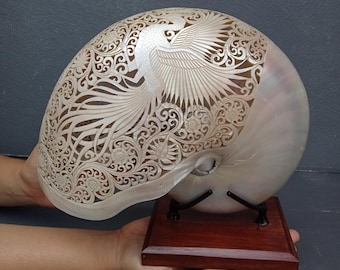 Carved Pearl Nautilus Shell Phoenix Design on Stand: Real and Natural Seashell
