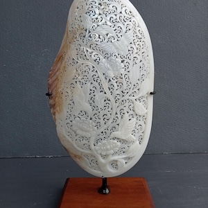 Sea shell art,carved pearl mussel clam shell xl size,hummingbird theme,real and natural seashell.
