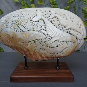 hand carved XL pearl mussel clam shell whale family sculpture,real and natural sea shell,sea shell decor