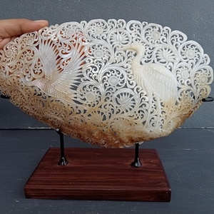 Natural Carved Clam Mother of Pearl Shell With Stork Design