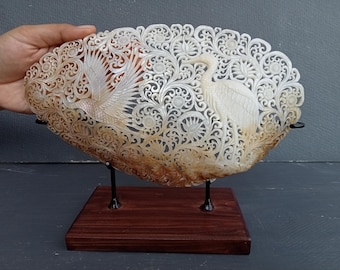 Natural Carved Clam Mother of Pearl Shell With Stork Design