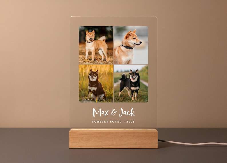 Custom LED pet memorial plaque with four photos of Shiba Inu dogs, Max & Jack, engraved with ‘Forever Loved • 2025’ on a wood base.
