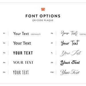 May include: A graphic showing 10 different font options for a QR code plaque. The fonts are labeled F1 through F10. The default font is labeled F1 and F6.