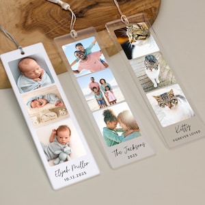 May include: Three personalized bookmarks with photos. One features baby photos and the name "Elyah Miller" and date. Another has family photos with "The Jacksons" and the year 2025. The third shows cat photos with the text "Kittys FOREVER LOVED".