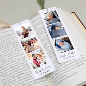 May include: White rectangular bookmarks with photos of a couple and a baby. One bookmark has photos of a couple with the text "Jacob & Anna 12.19.2025". The other bookmark has baby photos with the text "Noah J. Miller 10.19.2025".