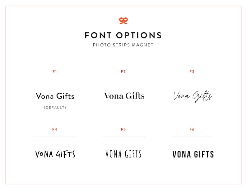 May include: Six different font options for the text "Vona Gifts" are displayed. The first option is the default font, and the remaining options are variations in font style and capitalization.