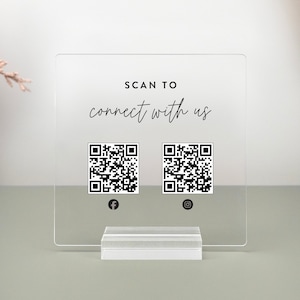 This is a custom acrylic QR code sign designed for businesses to connect with customers. The plaque stands upright in a clear acrylic base, perfect for checkout counters, pop-up shops, or event booths.