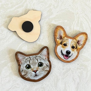 Custom face-shaped photo magnets. Featuring cutout designs of pet and baby faces. Perfect for decorating refrigerators, lockers, or any magnetic surface.