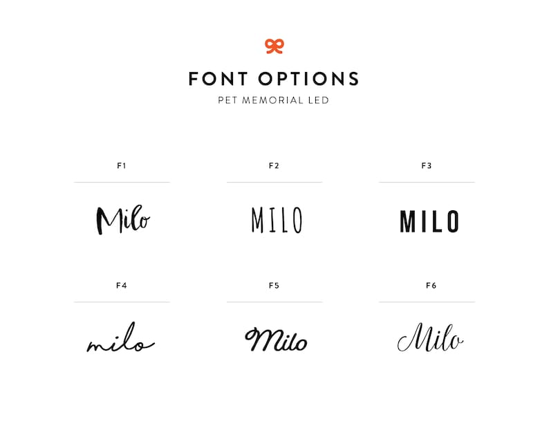 May include: Six different font options for the name "Milo" are shown in black text on a white background. The options are labeled F1 through F6.