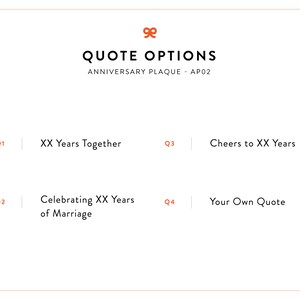 Op de afbeelding: Een witte kaart met zwarte tekst die vier opties beschrijft voor een gepersonaliseerde jubileumplak. De opties zijn: "XX jaar samen", "Viering van XX jaar huwelijk", "Proost op XX jaar" en "Uw eigen citaat".