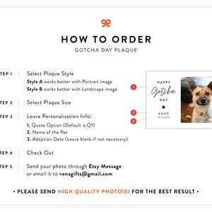May include: How to order a personalized "Gotcha Day" plaque for a pet. The plaque features a dog with the text "Happy Gotcha Day" and a space for the pet's name and adoption date.