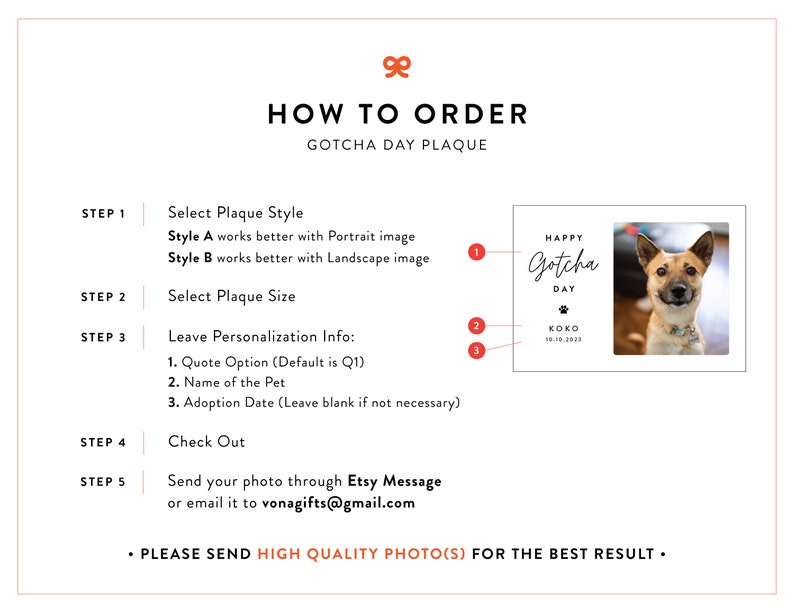 May include: How to order a personalized "Gotcha Day" plaque for a pet. The plaque features a dog with the text "Happy Gotcha Day" and a space for the pet's name and adoption date.