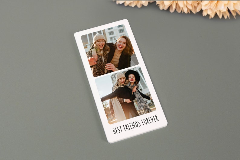 Personalized photo strip magnets featuring custom images and text. These high-quality, durable magnets are perfect for displaying cherished memories on refrigerators, lockers, or any magnetic surface.