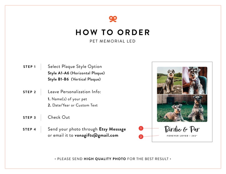 May include: How to order a custom pet memorial LED plaque.  The image shows a collage of photos of two small dogs, a sample plaque with the text "Birdie & Par Forever Loved - 202", and instructions for ordering.  The instructions include selecting a plaque style, providing pet names and dates, and sending a high-quality photo.