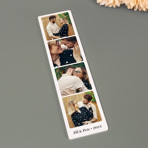 Personalized photo strip magnets featuring custom images and text. These high-quality, durable magnets are perfect for displaying cherished memories on refrigerators, lockers, or any magnetic surface.