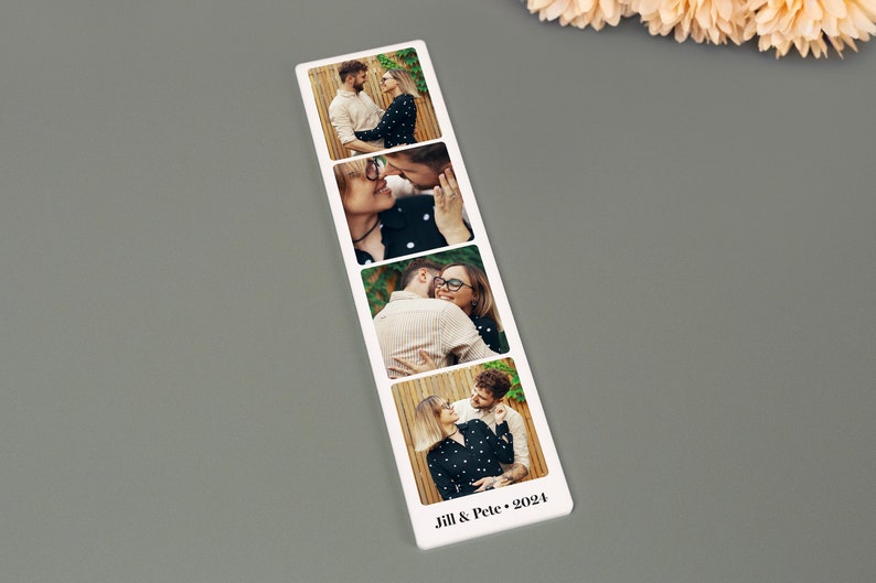 Personalized photo strip magnets featuring custom images and text. These high-quality, durable magnets are perfect for displaying cherished memories on refrigerators, lockers, or any magnetic surface.